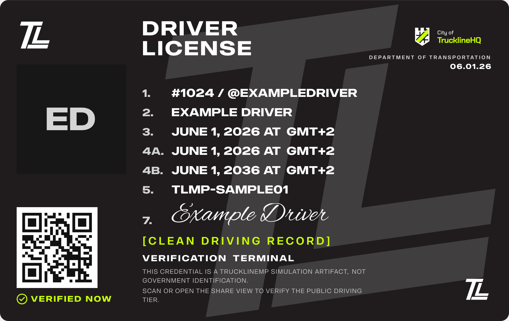Front of a sample TrucklineMP driver licence for Example Driver.